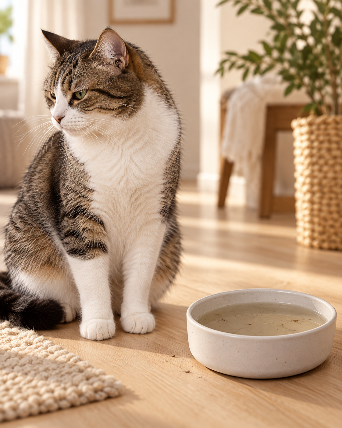Gato rechazando un plato convencional de agua