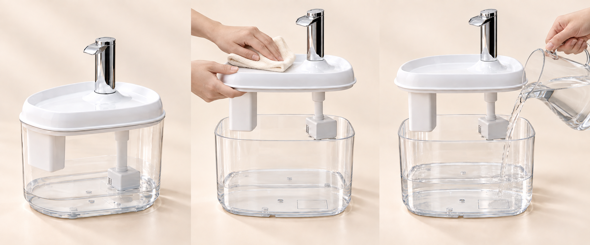 Secuencia para revisar el nivel de agua, limpiar la tapa y rellenar la fuente BAYMA