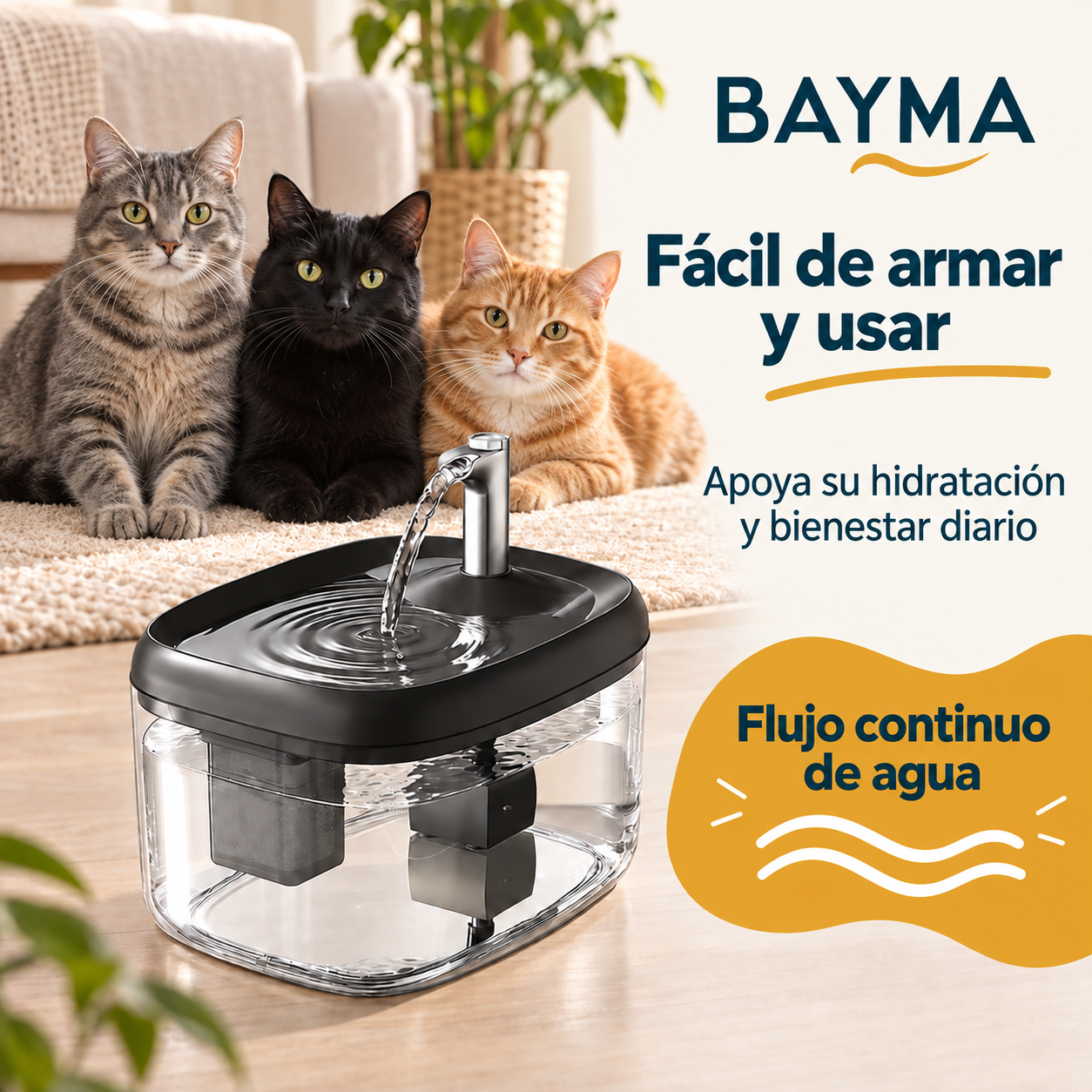 Tres gatos junto a la fuente BAYMA con flujo continuo de agua